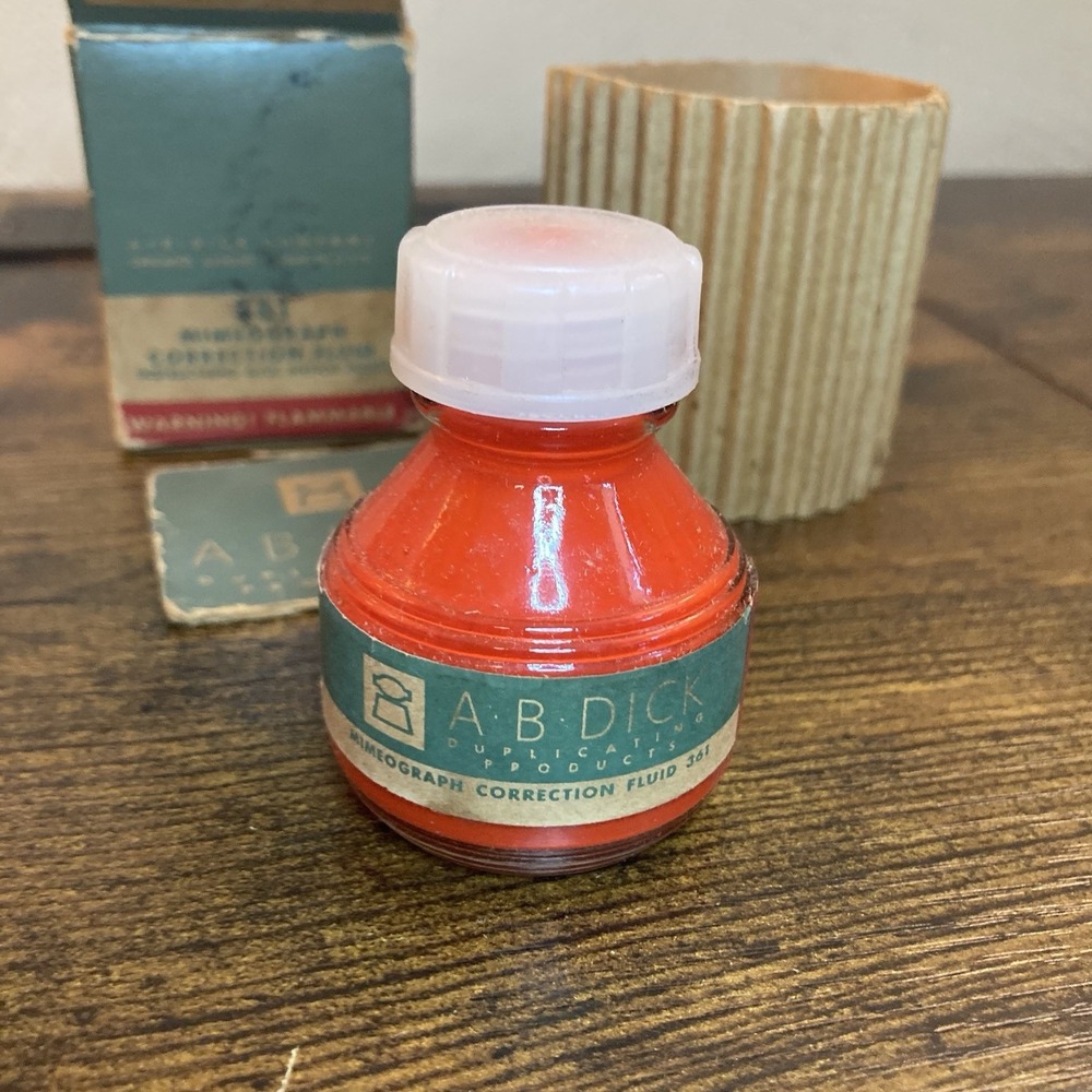 Vtg AB Dick 361 Red Mimeograph Correction Fluid Bottle with Box